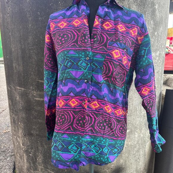 Vintage Silk Long Sleeve Blouse Womens XS Geometric Print 80's Artsy - Picture 5 of 6